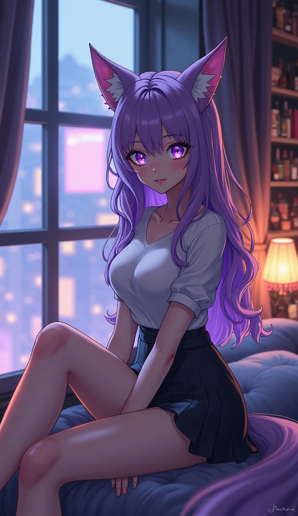Anime - style image of woman in white shirt lying on sofa, North Tocking、Bare legged、white sock、White panties、a hyperrealistic schoolgirl, a hyperrealistic schoolgirl, Smooth Anime CG Art, Seductive Anime Girl, photorealistic anime, [ 4 k photorealism ]!!, photorealistic anime girl render, [ 4 k photorealism ]!!!, image hyperrealistic，(purple hair)，(purple eyes), (full body), raidenshogundef