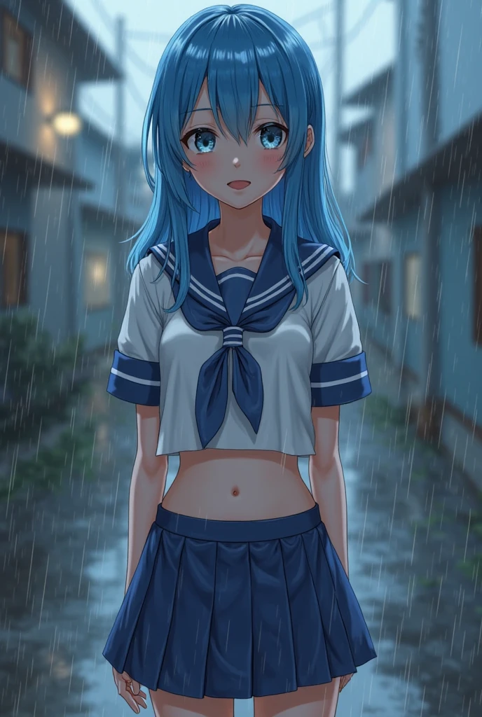 masterpiece, best quality, 1girl, solo, dark_blue_hair, white_ribbon, bangs, blue eyes, high_school_uniform, white skirt, looking at viewer, rain, wet clothes, wet floor, street, neon, looking at viewer, crowd