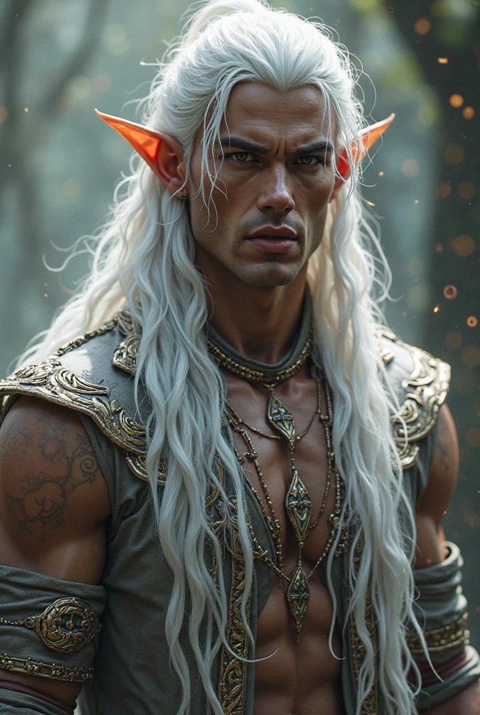 (best quality), 1boy, man, 34 years old, tanned skin, silver hair, medium hair, hair loosely combed back, brown eyes, perfect eyes, muscular, handsome, small waist, strong jawline, cold expression, (elf), fantasy clothes, fully clothed, clean face, masterpiece, anatomically correct, highres