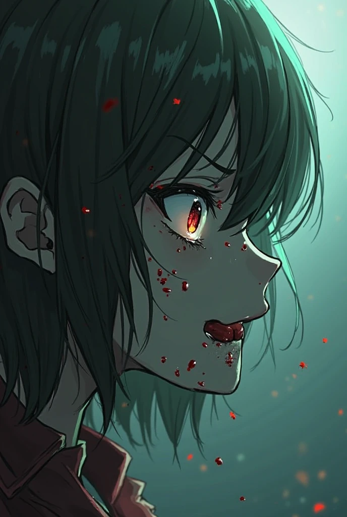 The girl is lying on the ground, covered in blood, seriously injured., short black hair to shoulders, slightly open eyes, green eyes, no blush, very pale skin, no emotion on the face, Green T-shirt, brown pants, Brown boots, all the clothes are covered in blood, There is blood on his face, gloomy atmospheres, It's raining, a lot of blood,, anime art, masterpiece, realistically, super detail, professional quality