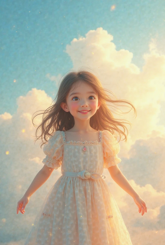 illustrations, children's books, children's books 
A girl waves to the clouds in a fluffy blue sky.