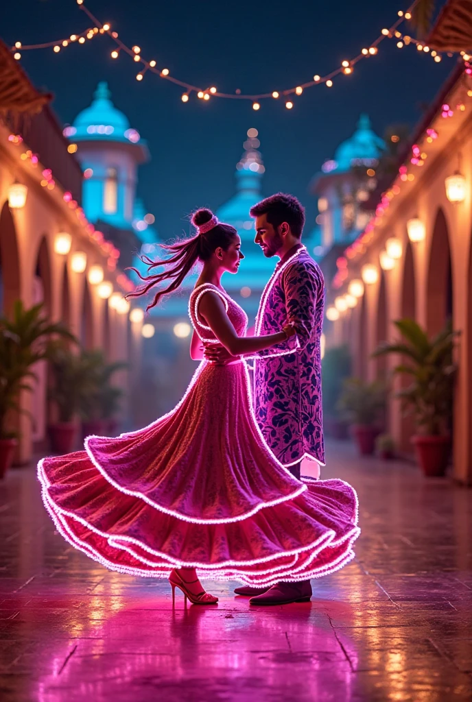 For an image based on the song *"Dil Ke Dhun Pe Nach Le,"* here's a detailed prompt:

"An enchanting night under a starry sky, with a full moon casting a soft glow. In the foreground, a vibrant couple dances joyfully on an open rooftop, surrounded by the twinkling lights of the city below. The woman wears a flowing, colorful lehenga with intricate designs, and the man is dressed in a stylish kurta and jacket. They are lost in each other’s eyes, their movements graceful and in sync. The background shows a dreamy landscape with floating lanterns rising into the night sky, and the air is filled with a sense of romance and celebration. The entire scene is bathed in a magical, warm light, making it feel like a beautiful moment captured from a classic Bollywood movie."

Let me know if you want me to generate this image.