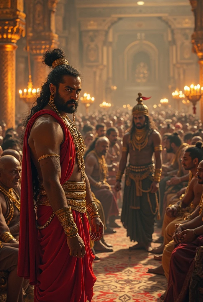 Generate an image of karna from mahabharata spectating draupadi’s cheer haran
