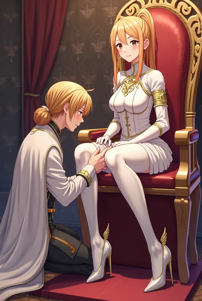 Woman kneeling to the king,In front of the throne,Turn your back on me,Your butt is facing you,The face faces the dick woman, suck, sex, king fucking woman, woman SucK dick king, Blonde Woman,Sweating,Luxuriously dressed king sits on a throne,Woman in thin cloth clothes,Woman in sexy underwear,Woman with frightened expression,Puddle at the feet of a woman