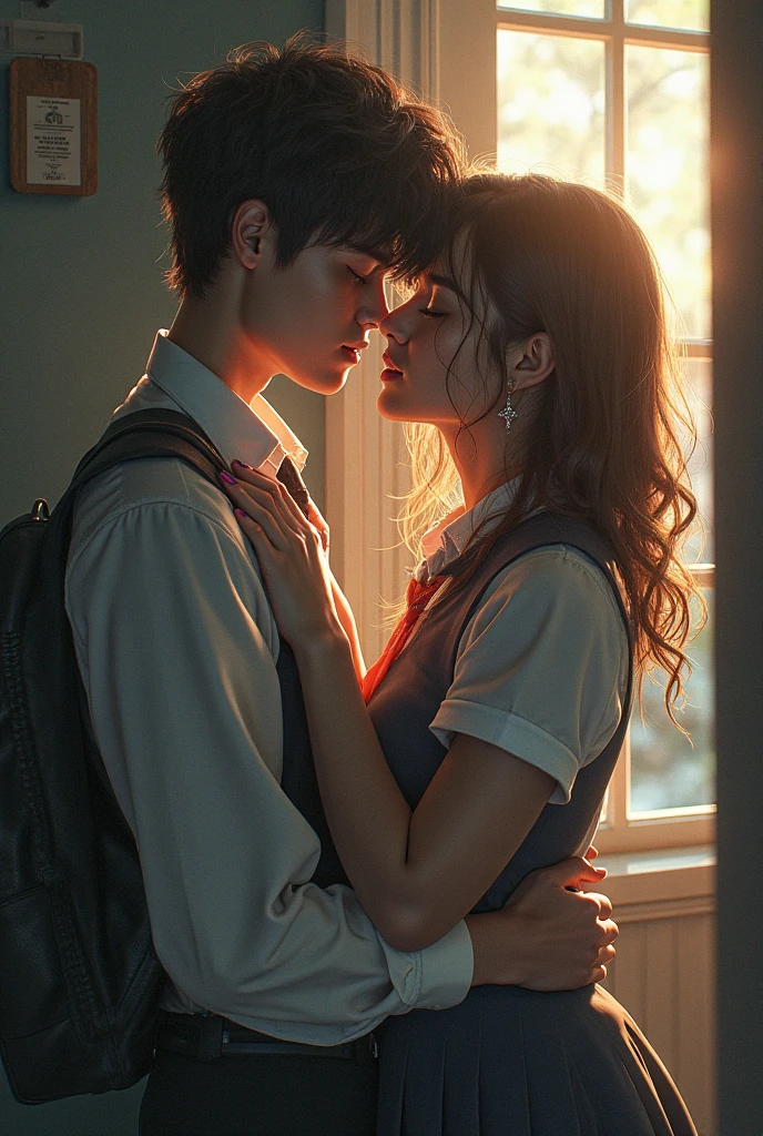 High school couple making out in a classroom, with girl straddling boy