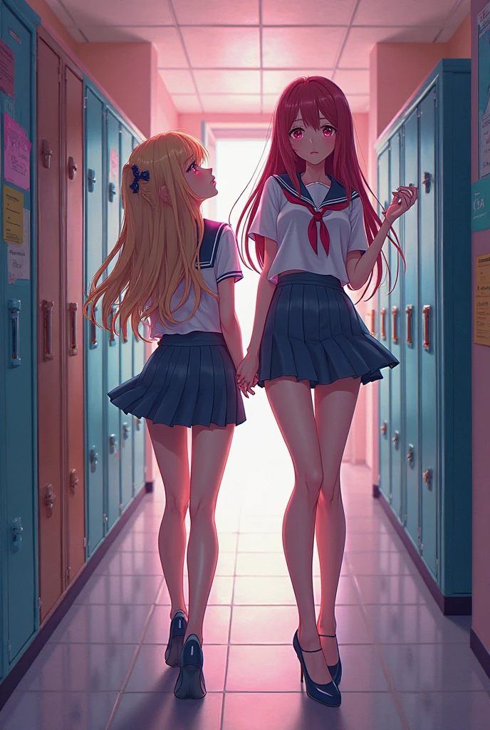 Two friends in the school hallways, one with long hair, blonde and wavy, the other one with blonde curly hair, both in school uniform