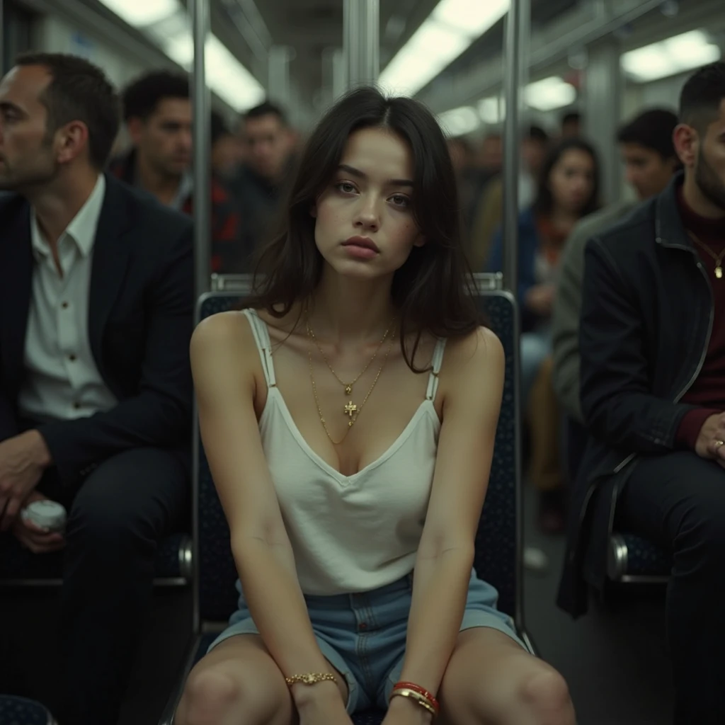 A girl with her legs open on the subway