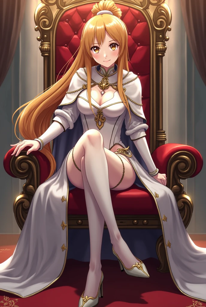 score_9, score_8_up, score_7_up, score_6_up, uncensored, asuna yuuki, orange hair, fold, braid, long hair, orange eyes, naughty face, shiny skin, sweating, BREAK (masterpiece:1.2), best quality, high resolution, unity 8k wallpaper, (illustration:0.8), (detailed eyes:1.3), perfect lighting, extremely detailed CG, (perfect hands, perfect anatomy), porn, 3d, 1girl, sitting, (spread legs:1.3), solo, jewelry, earrings, throne, dress, full_body, bare_shoulders, looking_at_viewer, crown, breasts, white_dress, simple_background,
