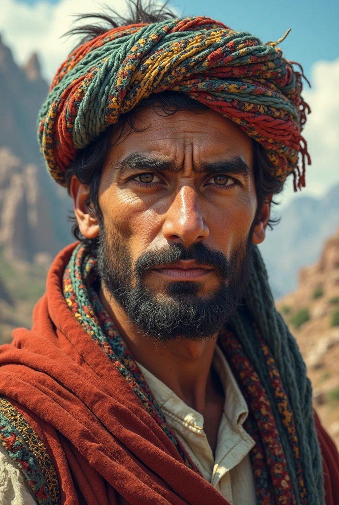 A proud and robust Afghani man in his early 30s, standing tall against the backdrop of a fiery sunset that casts long shadows across the rugged landscape. His powerful physique, honed by years of manual labor and outdoor living, is on full display as he remains shirtless, showcasing his tanned, muscular shoulders and chest. The stark contrast between the vibrant hues of the sky and the starkness of his surroundings draws the eye to his strong, angular features, which are etched with a quiet resilience that speaks of the challenges he has faced and overcome. His eyes, a piercing blue, reflect the last light of day, hinting at a depth of character beyond his physical prowess. His thick, dark hair is windswept, framing a strong jawline and a few days' growth of beard, adding a touch of ruggedness to his handsome visage. He stands with one hand resting casually on his hip, the other holding a set of traditional wooden prayer beads, suggesting a balance between his physical strength and his spiritual life. In the background, the outline of a small, earthen-colored village is visible, with a mosque's minaret rising in the distance, grounding him in his cultural heritage. The setting sun bathes the scene in a warm, golden light that accentuates the man's defined musculature and the dusty textures of the environment. The overall composition exudes a sense of silent determination and profound connection to the land that has shaped him.