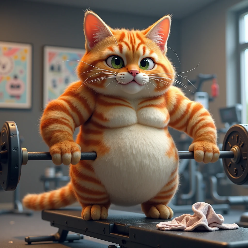 animal focus, no humans, cat, hood, big eyes, animal, fat cat doing exercise,sweat a lot,Fat cat lifting dumbbells