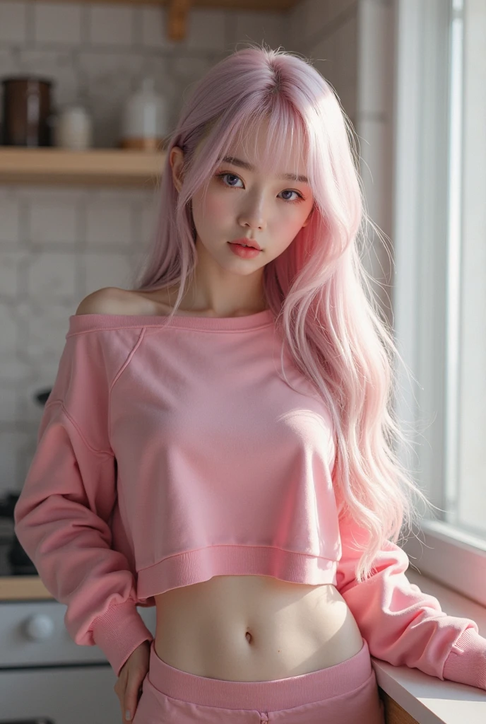A adorable cute little girl standing in moon, pale skin, smooth pale skin, skin tune pink, cute face, pink hair, ponytail hair, super detailed, 8k