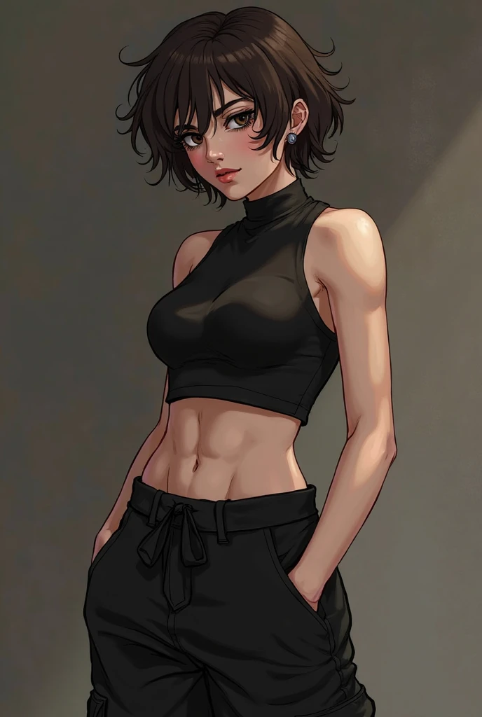 1boy, black eyeliner, male medium length mullet hairstyle, medium sharp hair texture, black hair, handsome, red eyes, black long gloves, black oversize clothes, room, red lipstick, femboy, blush, thin waist, black sweater, black oversize pants, choker, beautiful face, black oversize shirt,