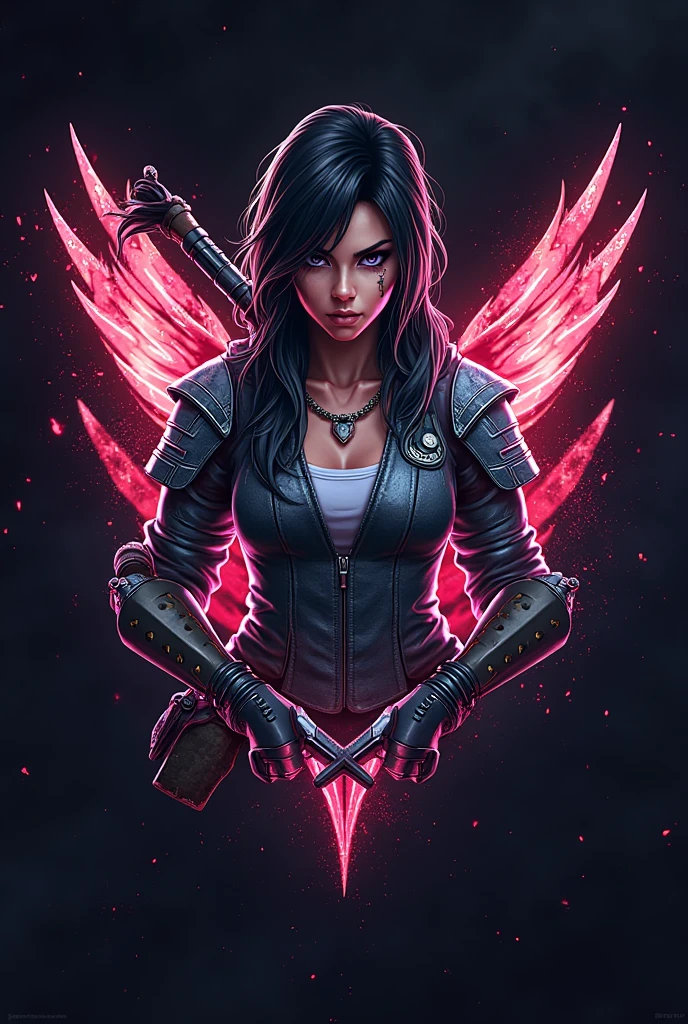 Create a logo that says Hells Angel with a wing, with pink details. referencing a Japanese gangster woman