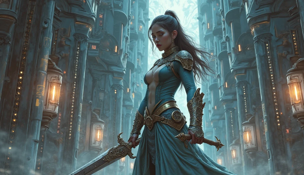 speedpainting a picture of a female elf (intense details, Masterpiece, best quality: 1.5) fantasy swashbuckler, fantasy fencer, armed with a slim sword, shinning sword, metallic shine, colorful clothes, dynamic clothing, an ultra wide shot, full body (intense details, Masterpiece, best quality: 1.5)epic beautiful female elf (intense details, Masterpiece, best quality: 1.5), rich hair, braided hair, small pointed ears, Sword and shield, GLOWING SWORD [colorful magical sigils in the air],[ colorful arcane markings floating] (intricate details, Masterpiece, best quality: 1.6), holding a [sword] (intricate details, Masterpiece, best quality: 1.6) holding a [sword glowing in red light] fantasy urban street (intense details, Masterpiece, best quality: 1.5),  purple cloak, long cloak (intense details, Masterpiece, best quality: 1.5), sense of daring, sense of adventure,  high details, best quality, 8k, [ultra detailed], masterpiece, best quality, (extremely detailed), dynamic angle, ultra wide shot, photorealistic, RAW, fantasy art, dnd art, fantasy art, realistic art, fantasysword sword, 