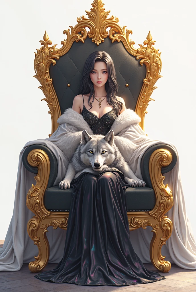 Rev Animated,High definition, high resolution,Beautiful girl, wearing a luxurious black dress, sitting on a beautiful throne, The pet is a dog,a white wolf with golden eyes, too beautiful to be true, ((2D)) Masterpiece,full body