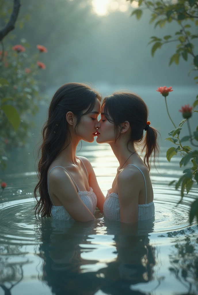 close up kissing beautiful hijab asian lesbian girl laying down,bra and panties,in the Wood,kiss,lesbian sex,raining,front view