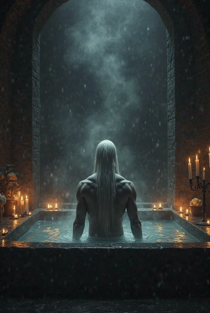 A photorealistic portrait of a shirtless Henry Cavill with long white hair, in a scne of The Witcher, bathing in an old and rustic bathtub, a renaissance movie still in the style of Zack Snyder, tumblr contest winner, hurufiyya, renaissance painting, masculine, movie still, candles in the background, candlelight, cinematic lighting. photograph, detailed symmetric realistic face, extremely detailed natural texture, peach fuzz, long hair, masterpiece, absurdres, nikon d850 film stock photograph, kodak portra 400 camera f1.6 lens, extremely detailed, amazing, fine detail, hyper realistic lifelike texture, dramatic lighting, unrealengine, trending on artstation, cinestill 800 tungsten, looking at the viewer, photo realistic, RAW photo, TanvirTamim, high quality, highres, sharp focus, extremely detailed, cinematic lighting, 8k uhd,-imagine-