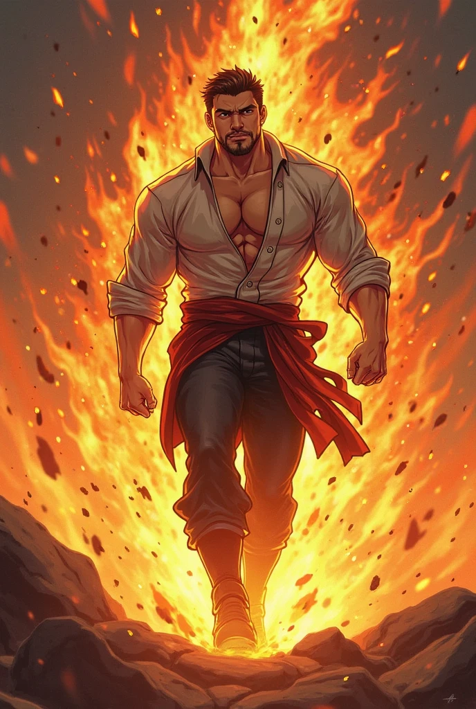 ((obra-prima)),(((melhor qualidade)),(homem forte, mesmo personagem, lado), anime, 1homem, cabelo pegando fogo, olhos em chamas, floresta, pose heroi, masculino, criatura, folclore, (fundo simples)
