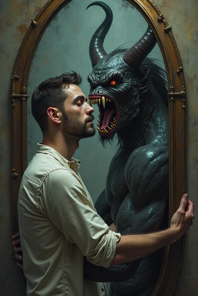 an evil demon crawling out of a mirror with a horrifying reflection on a polished wood floor, mirror has a ((silver frame)), 8k resolution, best quality, hyperdetailed photograph, lowlight