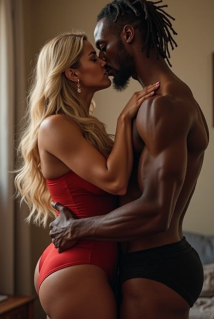 Couple in love kissing young 2 sexy Tough gangster with black hair shaved on the sides with braids brown eyes thick lips athletic body masculine energy and sexy defined chin trimmed white beard colored tattoo marked biceps wears Homme in black color Muslim style black boxer Kiley woman rude Colombian beautiful voluptuous Defined features long blonde hair thick lips ,black elegant underwear, In a luxurious hotel room, lying on a bed with oak furniture with golden touches, a large window overlooking Miami beach
