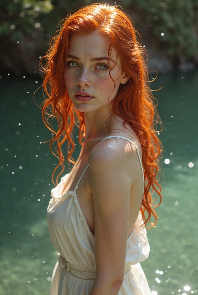 Masterpiece, best quality, close up, (detailed face:1.5), magical lighting action shot, beautiful slight smile Irish woman sitting in greek garden water waterfalls, white flowing dress showing off body looking into camera, short redhead hair, dramatic lighting, digital art trending on Artstation, 8k, HD, high definition, realistic skin texture, hyper detailed