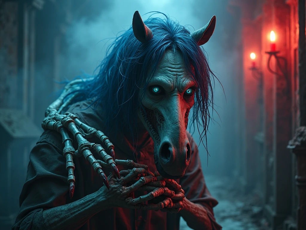 Realistic horse-headed character, no expressions, sombria, olhos vermelhos, vestindo um terno preto, sapato preto com um pingente de caveira na ponta, Bottom-up view, master part, In the middle of a ritual full of blood and random symbols, holding a scythe in his hand dripping blood (Sickle on hand dripping blood, detalhes Dourados, com uma caveira na ponta de baixo) obra de arte, realista, em um beco levemente iluminado, On his way out neon lights from the city, cinemactic, terror