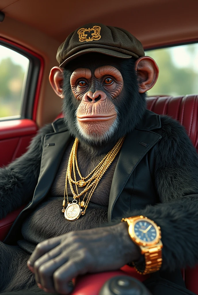 Strong chimpanzee with cap and chain in old black civic car