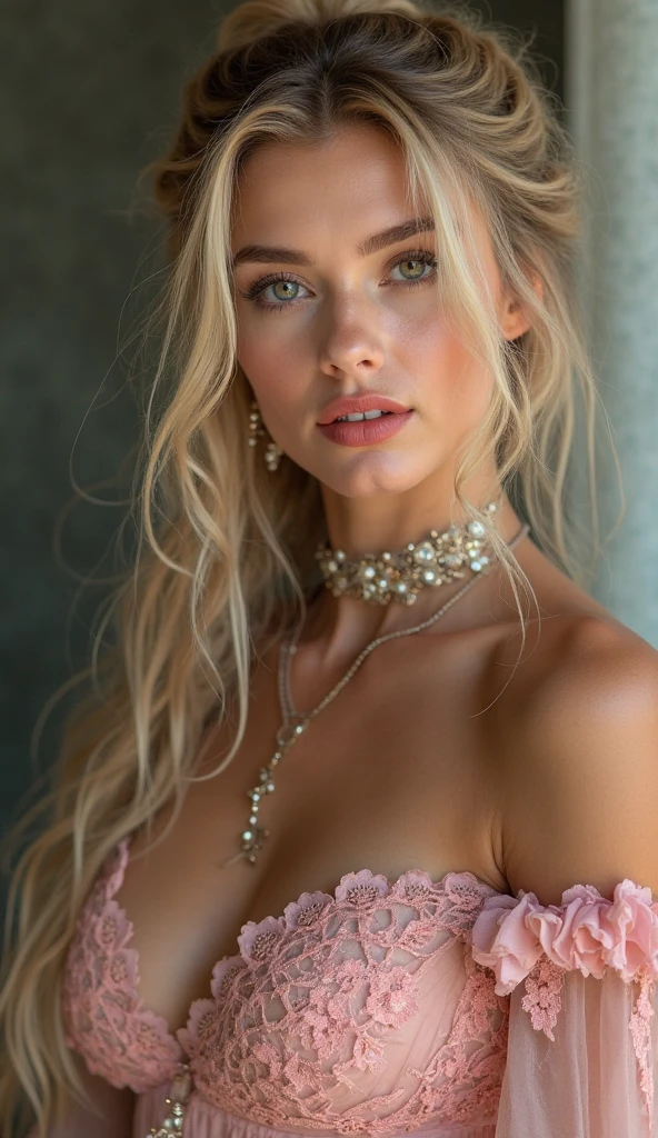 (Highest quality, 8k, masterpiece, Very detailed),3 woman,Blonde curly hair,Beautifully detailed face, Big eyelashes,A small smile,jewelry,((((White soft dress)))),Photo Studio Scenario