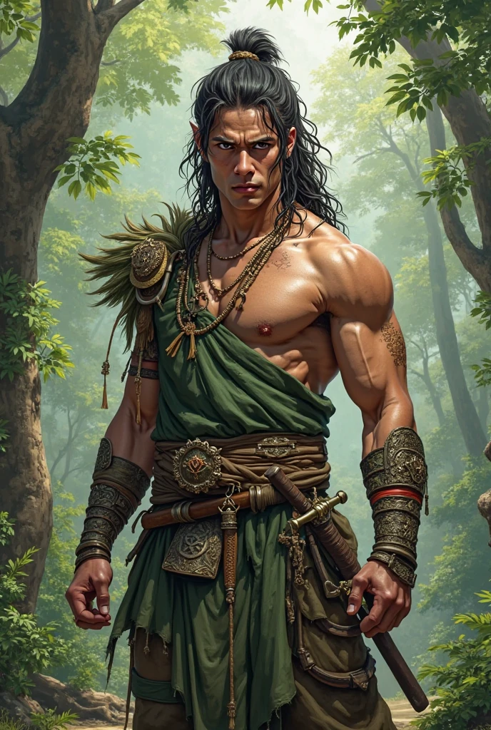 Create an image of a one 2 human druid with short pointed ears and tanned skin. He has long curly black hair and wears a simple moss-green outfit. The druid is barefoot, and his fingernails are slightly pointed. He also has a DEMONIC TAIL but no horns.