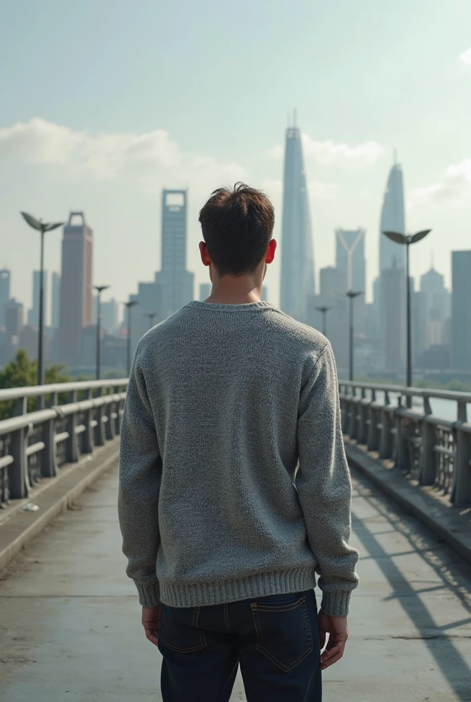 A realistic photo of a hooded boy in a light chocolate coat, and black pants with white high top sneakers completely. Sitting looking at Panama City from Amador. The photo taken from behind the seated person. The weather is cloudy or rainy