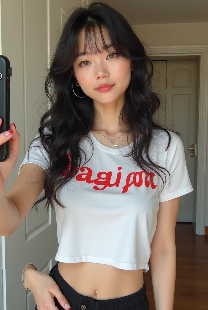 seed:4195271995,((Full Body Angle:1.1)),((Highest quality, 8K, masterpiece: 1.3)), concentrated: 1.2,Front hair:1.3, Cute girl 1,Nipples erect、 Perfect beauty: 1.4,Colorful T-shirts、Shorts,: 1.2,Randall Color、comics&Text Graphics、Black,1.1, Highly detailed face and skin textures, Fine grain, double eyelid, whitening skin, ,Highest quality,Ultra-high resolution,you,1 girl,alone,_Shiny_skin,Iris,necklace,((brown_length_Wavy_hair)),(lips)),eyelash,Front hair,deal with,compensate,Shiny,pore,skin big breasts、(smiling face)、((Front hair:1.2))、Bedroom、