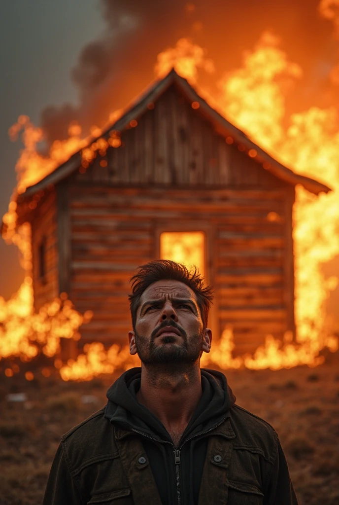 Create a farm, with the sky black with smoke fire around the mountains and the farmer in fear with his hands on his head, and a river with red water