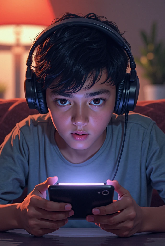 Fondo call of duty , boy sitting on the floor playing on a cell phone, WHITE TENNIS , black hair , gamer headphones, blue jeans, white shirt with Hector's name