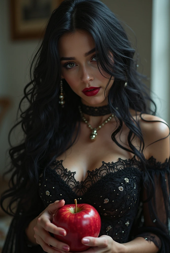 (best quality,ultra-detailed:1.2),photorealistic:1.37,portrait,red and black color scheme,soft lighting,midnight garden background,glossy texture,high-end fashion magazine style,bold and confident expression,flowing hair,posing against a stone wall,standing on a bed of roses,lace details on the collar,slightly revealing neckline,delicate lace patterns on the dress,glowing jewelry accents,sparkling diamond necklace and earrings,dramatic red lipstick,precise and seductive eye liner,beautifully shaped eyes with long lush eyelashes,subtle blush on cheeks,seductive and mysterious atmosphere