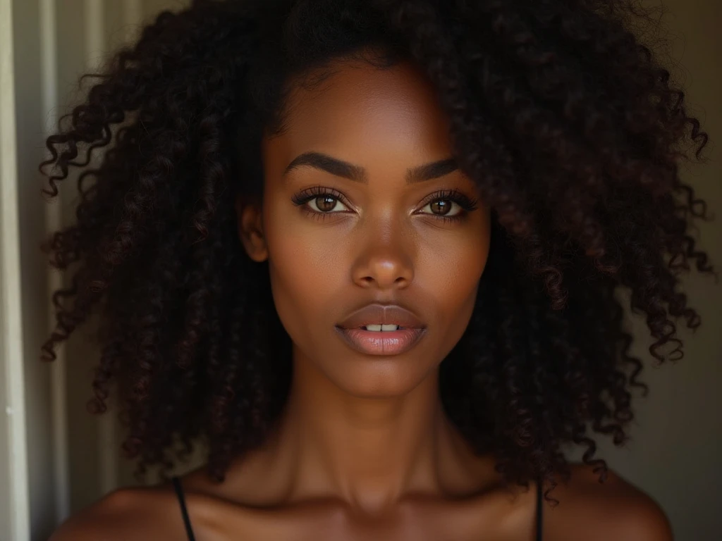 a hyper realistic picture of a very attractive ebony complexion African American, medium thick, round face, almond shaped grey eyes, eyebrows arched, voluminous, wavy black hair that cascades around her shoulders and frames her face. The hair is styled in a way that adds both volume and a sense of movement. She is coming from attending church service. Topless black girl