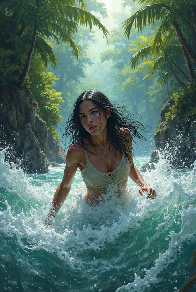 Masterpiece, incredible details, epic realistic, ultra clarity , (intricate details:1.12), (HDR:1.4), Fast-flowing waterfalls, mountains, rivers, fireflies, flowers, glowing butterflies, stone,stone lillar, fantasy tree, 1young woman, long hair, floating hair, sexy slingshot bikini, bathing, wet hair,wet skin ,(natural skin texture, hyperrealism, soft light, sharp:1.2), sexypose, front view