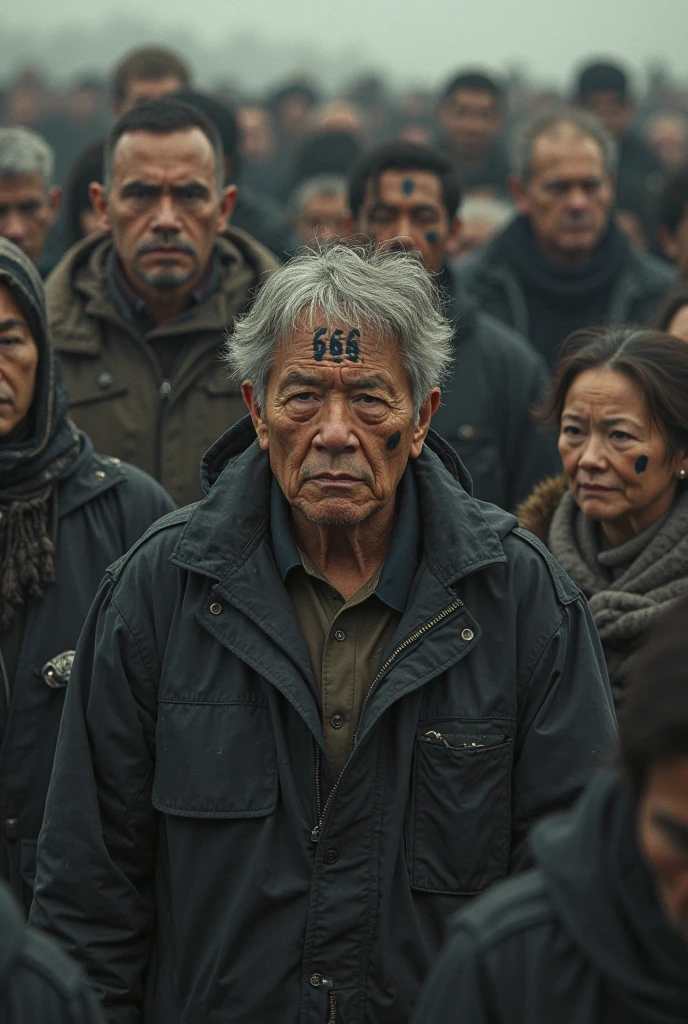 An old man has young faces, he has short grey hair, faint smile, his face glowing like a crystal, he is in the middle of millions people, those people just like a shadow 