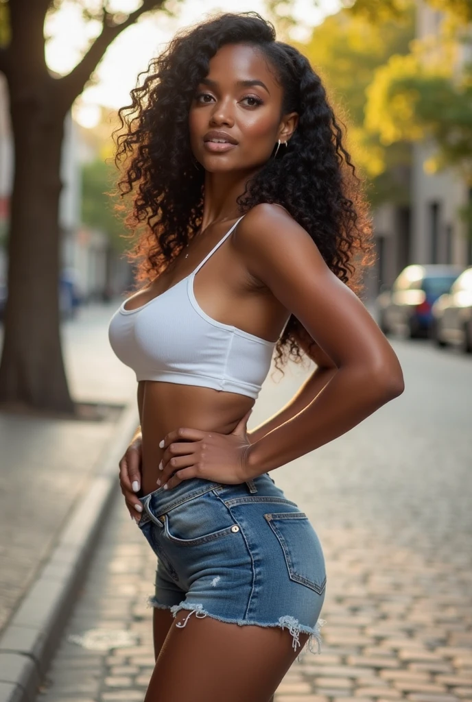 black woman、huge breasts、plump body、pink tank top、blue denim shorts、standing in the middle of new york