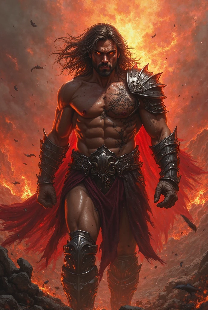 Beautiful strong and muscular warrior angel with long silky red hair screaming in pain as he is corrupted by dark purple evil flames, surrounded by black runes and kanji covering his skin
