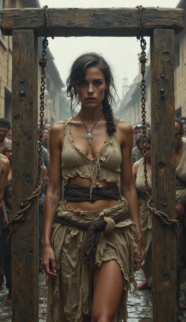((masterpiece, highest quality, Highest image quality, High resolution, Raw photo, 8K)), ((Extremely detailed CG unified 8k wallpaper)), full body, Posing for the camera, a stern look, in a ready stance, Blood, sweat and mud, shy, Female roman slave, with a revealing dress , sad looking around