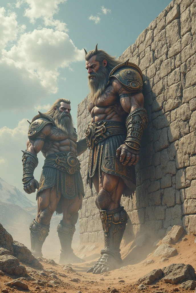 masterpiece, detailed, intricate, epic fantasy, colorful, full body, slight angle, man, 60 years old, hulking, brawny, ankle wraps, very hairy chest, skimpy revealing outfit, receding hairline, smirk, mercenary, blades, big ancient city gates, pointing away, depth of field, particle effects, high quality shadows
