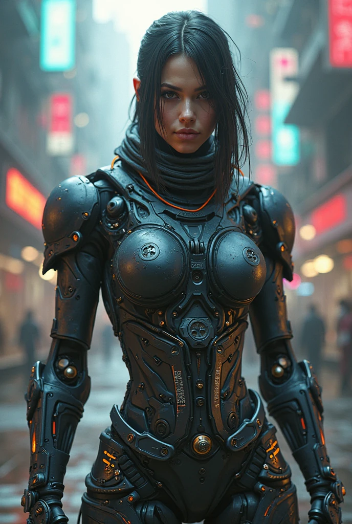 a beautiful woman cyborg warrior in the Style-RustMagic, cyberpunk augmentation, cyberware, cyborg, carbon fiber, chrome, implants, metal skull, cyber plate armor, (dark atmosphere:1.2), (fog & smoke), (dark night:1.3), scars, (dark medium length disheveled hair:1.1), (eyeshadow:1.1), (beautifully detailed glow:1.2), (Cinematic lighting), intricate detail, highres, rounded eyes, detailed facial features, sharp focus, smooth, aesthetic, detailed dark industrial factory background, stylish pose, dynamic pose, (dramapaint), (opt-6000:0.9)