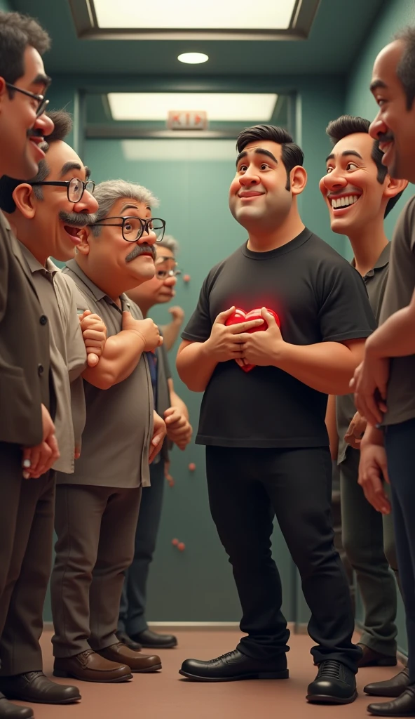A group of 5 ordinary people, WITH PERUVIAN FEATURES, with ages ranging from 8 to 60 years, dressed as superman with a cape, They wear a colorful shirt, They wear a small red Clown nose, They are in the middle of a theater stage with the curtain open.