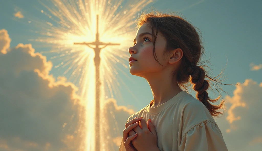 KIDS GIRL BLONDE CLOSE UP, on the cross with clouds and sun in the background, holy energy, glowing god rays, holy sacred light rays, godly and ethereal, divine god, second coming, ascended, glowing holy aura, , light of god, holy spirit