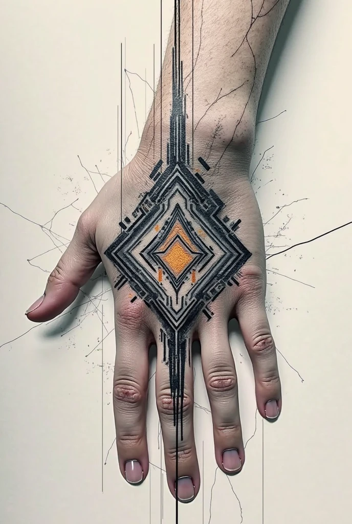 the tattoo on the side of the hand with a computer circuit with several small colored squares