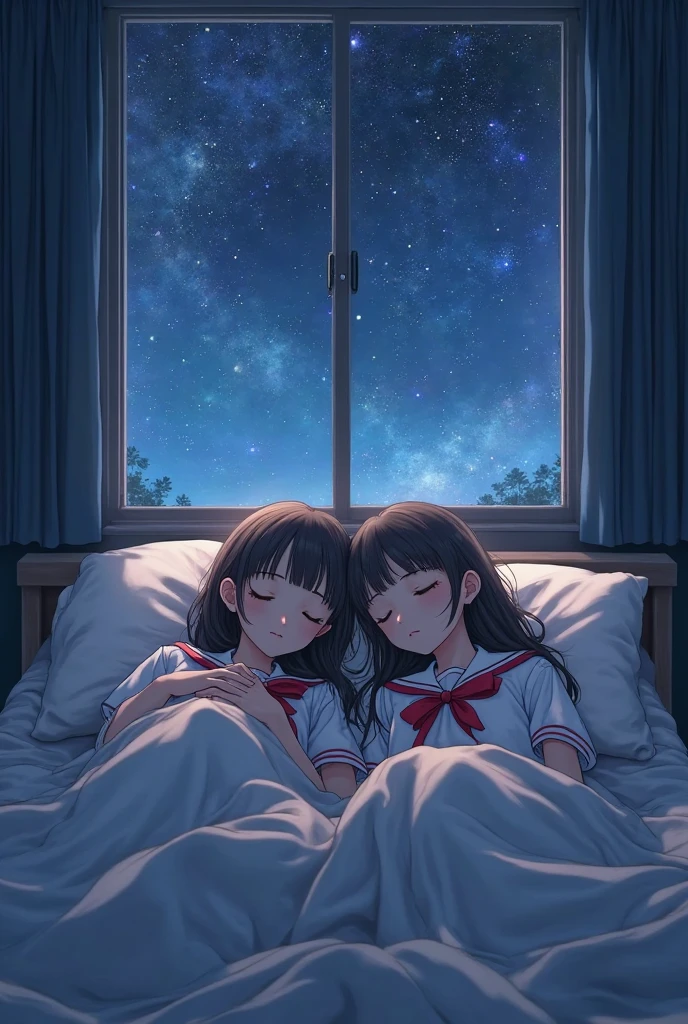 There is a girl and a girl sleeping comfortably in pajamas on a white bed、Girl and woman holding blanket、Outside the window, Starry sky and Milky Way、The crystal ball glows、Holding a blanket、((Girls and women))、(Girl sleeping comfortably)、(2 Humans)