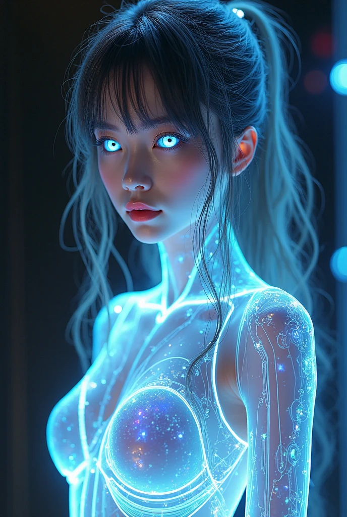 8K,RAW Photos,Highest quality,masterpiece,Realistic、Realistic,woman,Android,cyborg,Age 20,Glamour,whole body ,see through body,Transparent glass machine body,Electronic systems in the body,See inside the body,Connection line,whole bodyに光るチューブ,Connected glowing wires,Transparent mechanical body,Wet body,Gray long hair,wet hair,messy hair,double eyelid,Big eyes,Glowing LED lamp,35mm camera,Neon Light,