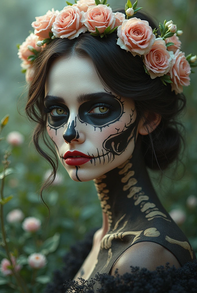 Skull embraced and decorated with beautiful flowers