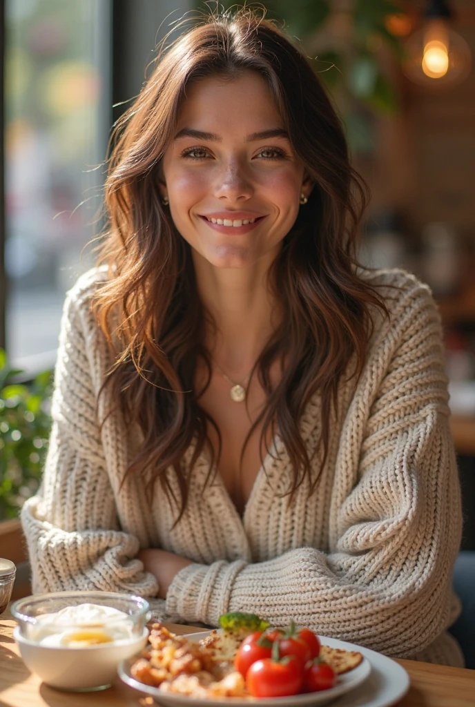 Create a realistic portrait of a 30-year-old female nutritionist with shoulder-length dark brown hair and warm, friendly eyes. She is in a casual setting, wearing a simple, comfortable sweater and jeans. The background is a cozy, home-like environment with soft lighting, suggesting a relaxed, approachable professional who values work-life balance."