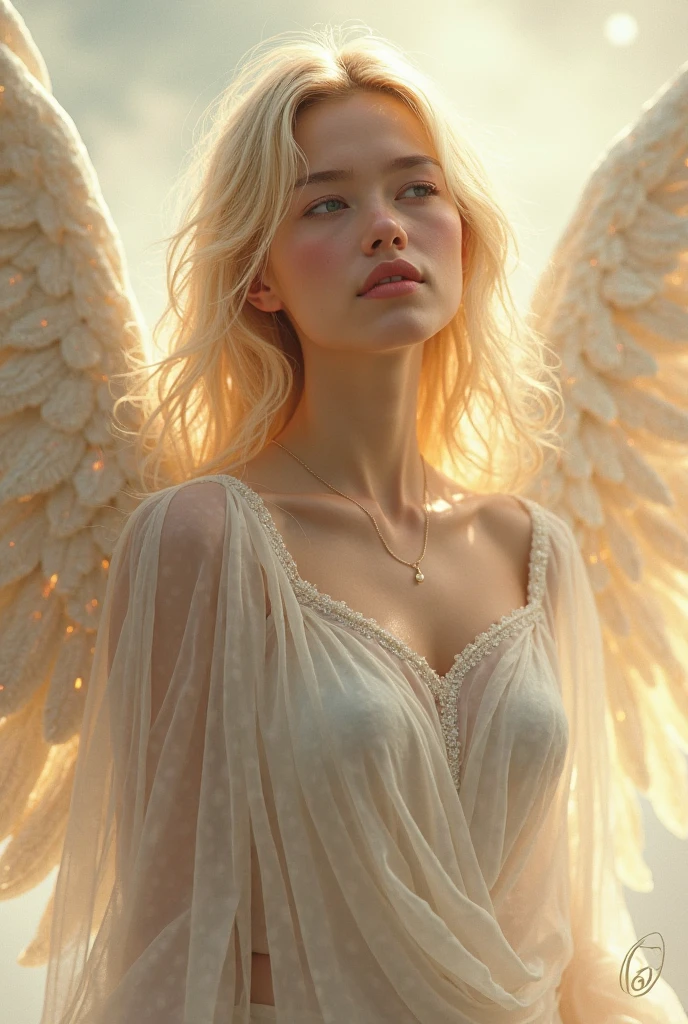 Very beautiful angel, looking at the camera, 19-year-old white female, Watery eyes, Expression in love, Halo
